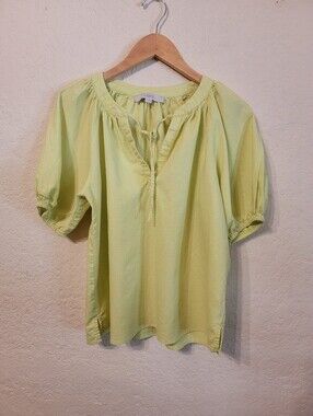 LOFT Lime Green Split Neck Puff Sleeve Blouse Sz M